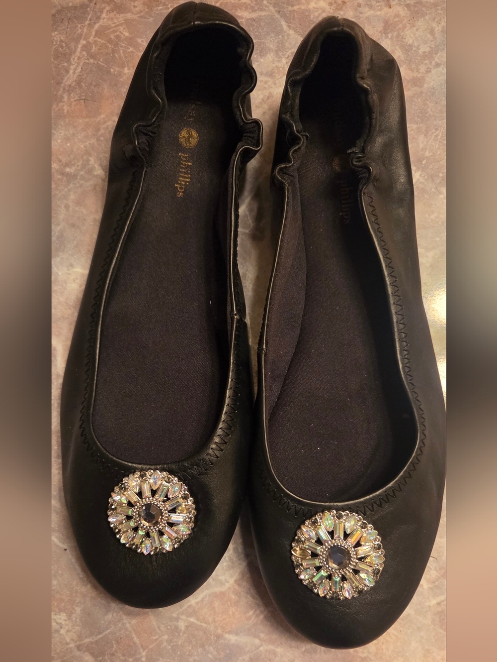 lindsay phillips Black Ballet Flats with Interchangable Crystal Medallion